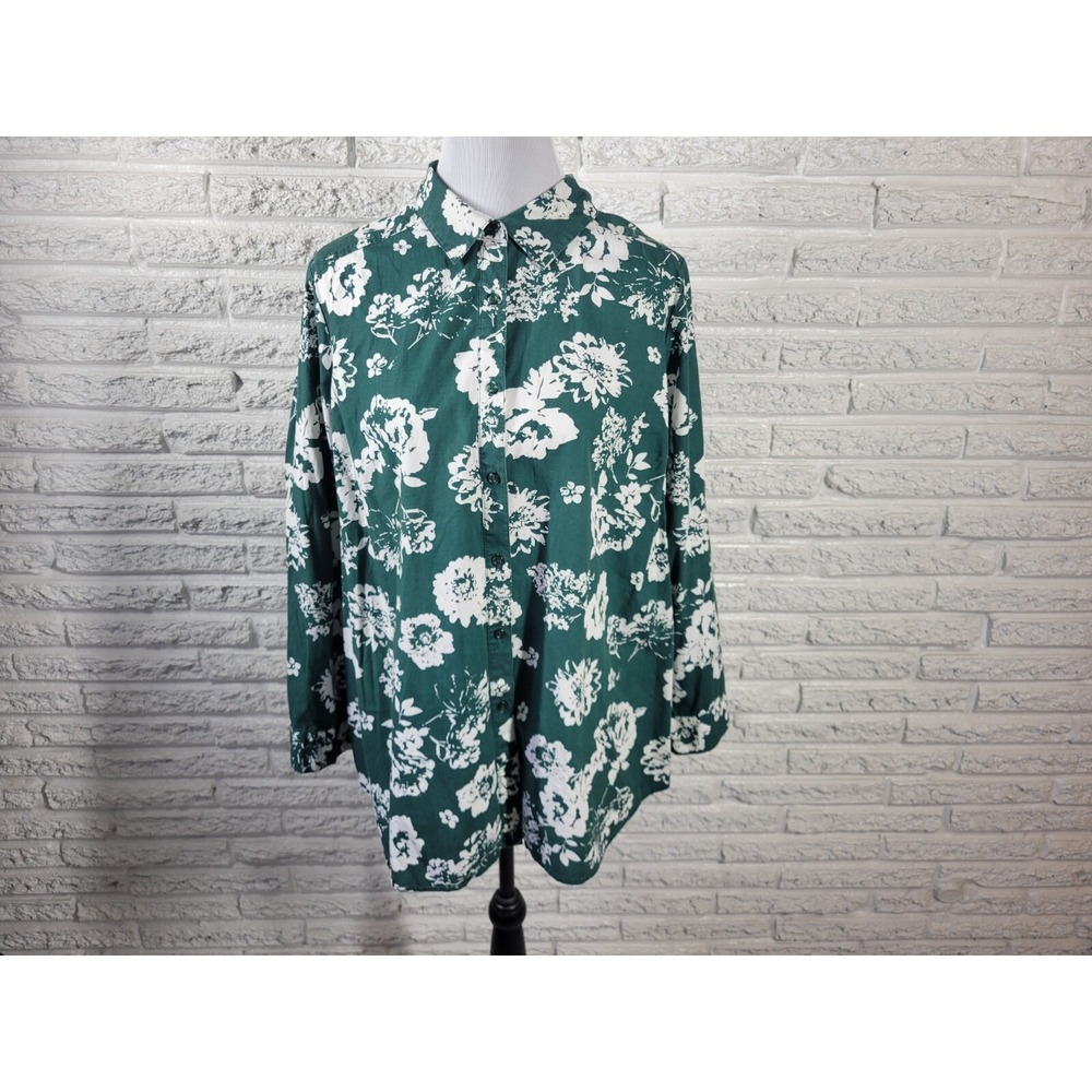 Roamans Womens Top 20W Plus Long Sleeve Green Floral Cotton Collar Casual Button